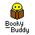 Pixel art icon of a yellow spherical head with black square eyes holding an open brown book, with text below reading 'Booky - Buddy' on a gray background.