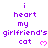 Purple pixelated text reads "i heart my girlfriend's cat" with a pink heart symbol, repeated across multiple on a white background