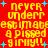 Red background with yellow pixelated text reading 'never underr est imatfeest imate a pissed girly!!' and blue plus signs scattered throughout.