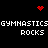 Pixelated black background with red heart and starburst icons, repeated white text 'GYMNASTICS' and 'ROCKS', and a central red dot cluster.