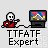 Pixelated character in red shirt holding colorful object, standing next to monitor with multicolored display, text below reads "TTFATF Expert".