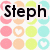Pixelated text reads "Steph is my BFFL" over a of pastel-colored circles with heart symbols