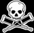 Pixelated skull and crossbones icon with white bones on black background, rendered in 8-bit style.