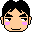 Pixelated character face with black hair, peach skin, pink cheeks, and closed eyes in two states: smiling mouth on left, neutral mouth on right.