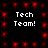 Black background with red pixelated patterns and four instances of white text reading "Tech Team!" arranged in a
