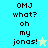 Pixelated text "OMJ what? oh my jonas!" with a star symbol on two background color variations.