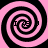 Four black and pink spiral patterns arranged in a on a black background, each spiral containing a small pixelated symbol