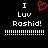 Black background with white pixelated text reading "I Luv Rashid!" and a red heart symbol replacing the 'o' in Luv, repeated side-by-side.