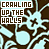 A static pixel art image with repeating text and abstract shapes in light blue on brown background.
