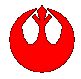 Red circular icon with two white eye-like shapes and a central branching top, rotating through multiple angles against gray background.