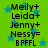 Green background with blue stars and black text listing names Meily+, Leida+, Jenny+, Nessay=, BFFFL in two identical vertical