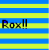 Two side-by-side static images display pixelated text over alternating blue and yellow horizontal stripes.