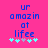 Blue pixelated text on bright pink background reads 'ur amazin at life' with five cyan and gray plus signs below, two versions differ in plus sign arrangement.