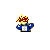 Animated pixel art of a character with red hair and blue clothing surrounded by yellow energy effects, transitioning from small sparks to full-body glow.