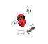 Red bean-shaped character with black sunglasses, white shoes, and scattered white objects in a of