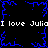 Black background with blue pixelated lightning-like patterns and repeated white text "I love Julia" in a retro digital style.