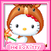 Hello Kitty character in brown animal costume holding flower, pink border with 'Hellokitty' text below.