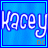 Blue square icon with light blue border containing white stylized text 'Kacey' and small gray 'DC' below, showing pixelated animation frames.