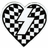 Heart-shaped icon with checkered pattern and white lightning bolt, surrounded by repeated 'mystery' text and 'KICKS BUTT!' on dark background.