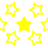 Yellow star shapes in various sizes and outlines on a gray background with white square accents.