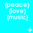 nine identical pixelated text blocks on a cyan background, each containing {peace}, {love}, and {music} in white brackets with lowercase letters