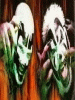 Four distinct clown-faced figures with exaggerated makeup in various poses and settings, including green-skinned characters against orange backgrounds.