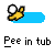 Pixelated icon shows a yellow hand holding a white ball above a tub with changing water colors, labeled 'Pee in tub' with one frame showing 'ahh!' text.