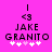 Pixelated text and symbols on a bright pink background with two identical static frames showing 'JAKE GRANITO' and a of white and pink plus signs below