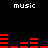 Black background with red horizontal bars and white 'music' text at top, middle, and bottom.