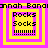 Pixelated text and shapes in bright yellow, pink, and black with repeated 'Rocks Socks' and exclamation marks inside nested squares.