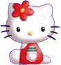 White cat with red flower on head, yellow nose, black whiskers, and red dress with green stripe sits in of four by three