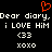 A black background displays white pixelated text reading 'Dear diary. Dear diary. i LOVE HIM i LOVE HIM (33 xoxo' with a red pixelated heart symbol above the text.