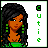 Pixel art of a woman with long dark hair and green earrings, wearing a green top against white background with vertical text.