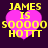 Four identical pixelated images of a pink heart with yellow text reading 'JAMES IS SOOOO HOTTT' on a dark purple background.
