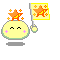 A yellow rounded character with closed eyes and pink cheek marks holds a flag with orange stars and small flowers, showing four distinct poses.