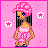 Pixel art contact sheet of an animated icon featuring a cartoon woman with pink hair and swimsuit, alternating between character poses and text frames on pink starry background.