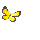Four yellow pixelated butterflies with dark brown edges and light blue accents on gray background, each in distinct wing positions.