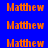 six orange 'Matthew' text icons on blue and black backgrounds with pixelated rendering
