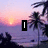 Pixelated beach sunset scene with palm trees, ocean, and gradient sky showing animation changes in text and symbols.