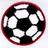 A circular soccer ball icon with black and white , red border, and pixelated text reading "Soccer Kicks!" on a light background