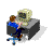 Pixelated image of a person with brown hair in blue shirt and dark pants sitting at a desk with a beige computer monitor, viewed from an isometric angle.