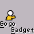 Animated sequence of a yellow figure with white head performing motion transitions above text reading 'Go go Gadget' on gray background.