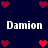 Dark blue background with pixelated red hearts and white text reading "Damion" in two