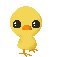 Pixelated yellow chick with black eyes and orange beak in six distinct poses against gray background.