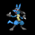 Pixelated blue and yellow anthropomorphic creature with red eyes, gray limbs, and a yellow chest stripe in six sequential poses against black background.