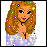 Pixelated cartoon woman with long brown hair, blue eyes, and a white sparkly top; her right hand is raised near her chest.