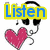 Four pixelated show a cartoon skull wearing headphones with musical notes, a pink heart, and changing text: Listen, To, Your, Heart