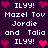 Pixel art displays repeated text and heart symbols on a dark purple background with white and pink text and hearts.
