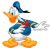 Animated cartoon character with blue body, red bow tie, orange beak and feet, white face and hands, wearing a blue sailor hat, standing in two mirrored poses against plain background.