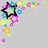 A static pixel art composition featuring a black-outlined star surrounded by colorful small shapes on a light gray background.